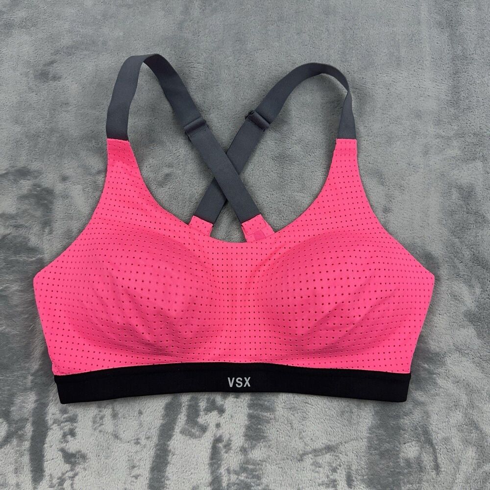 Victoria's Secret VSX Sports Bra Sz 32 C Pink Mesh Black Trim Cross Back Padded